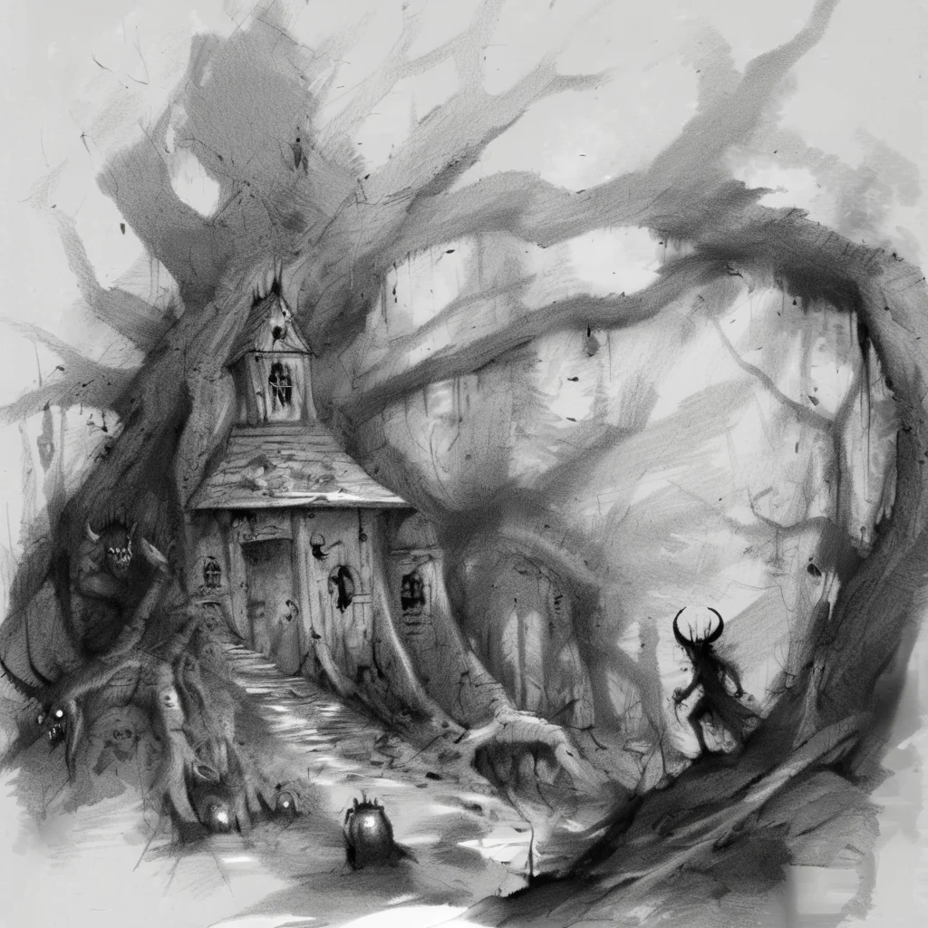 drawix8 the devil's house among old trees in the forest, demons and forest creatures in the background, unusual expressive shot <lora:drawix8:1>
