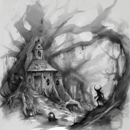 drawix8 the devil's house among old trees in the forest, demons and forest creatures in the background, unusual expressive shot <lora:drawix8:1>