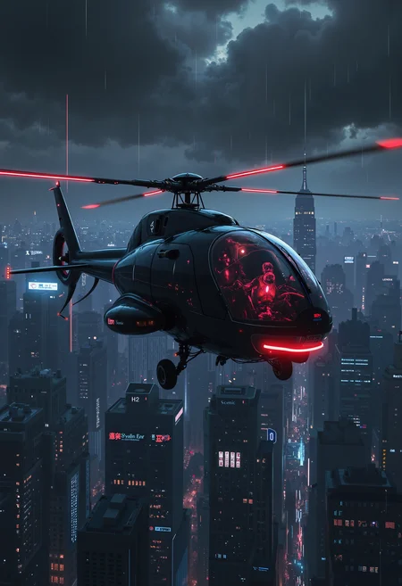 bo-neon, a digital artwork depicting a futuristic, high-tech helicopter flying over a cityscape at night, the helicopter is positioned in the center of the image, with its sleek, black body and transparent cockpit visible, the cockpit is illuminated with a striking red glow, suggesting a futuristic or cyberpunk aesthetic, the rotor blades are visible, with a series of red streaks extending from them, adding a sense of motion and energy to the scene, the city below is dense with numerous skyscrapers and illuminated structures, indicating a bustling urban environment, the sky is dark, with ominous, ominous clouds looming overhead, enhancing the sense of foreboding and danger, the ground below is wet, suggesting recent rain or a recent flight, adding to the realism of the artwork, the overall color palette is dominated by dark shades of black, red, and orange, with the red and orange hues enhancing the futuristic and sci-fi elements, the texture of the aircraft and the cityscape is smooth and glossy, reflecting the light from the city's surroundings, the artwork is highly detailed, capturing the intricate details of the helicopter's design and the contrast between the dark sky and the vibrant colors of the city<lora:FLUX Abyss Neon\abyss-neon.safetensors:1.0:1.0>