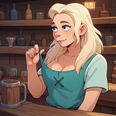 score_9, score_8_up, score_7_up, score_6_up, score_5_up, score_4_up, 1girl, Tiabeanie, in a tavern, freckles, freckled chest, flashing breasts, SkinHairDetail, fFaceDetail, OverallDetail, solo