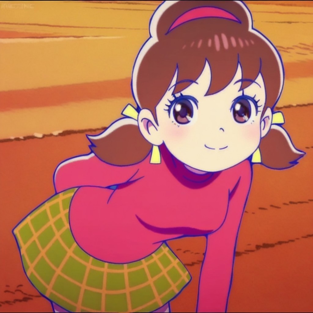official style, style parody, anime screenshot,anime coloring, yowai totoko, ,low twintails, twintails, brown hair, detailed eyes, brown eyes, turtleneck, plaid_skirt, green skirt, totoko, smile,  looking at viewer, bent over,