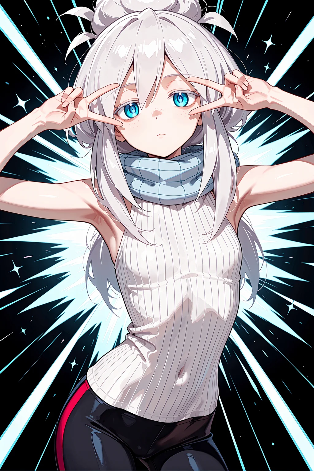 1girl, deux murasame, white hair,
blue scarf, white sweater, ribbed sweater, sleeveless, black pants, tight pants,
expressionless,
standing, contrapposto, double v, v over eye, emotional engine - full drive,
black background,
cowboy shot, looking at viewer, <lora:deuxmurasameillv3.1:0.9>,, masterpiece, best quality, amazing quality, very aesthetic, absurdres, highres, newest,<lora:xl_saturation_slider:0.1> <lora:add-detail-xl:1> <lora:illustriousXLv01_stabilizer_v1.121:0.4> <lora:reduce_wrinkles_illstriouosv0.1_ADDifT_2_in_1_v1.2:0.9>