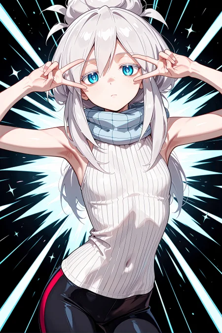 1girl, deux murasame, white hair,
blue scarf, white sweater, ribbed sweater, sleeveless, black pants, tight pants,
expressionless,
standing, contrapposto, double v, v over eye, emotional engine - full drive,
black background,
cowboy shot, looking at viewer, <lora:deuxmurasameillv3.1:0.9>,, masterpiece, best quality, amazing quality, very aesthetic, absurdres, highres, newest,<lora:xl_saturation_slider:0.1> <lora:add-detail-xl:1> <lora:illustriousXLv01_stabilizer_v1.121:0.4> <lora:reduce_wrinkles_illstriouosv0.1_ADDifT_2_in_1_v1.2:0.9>
