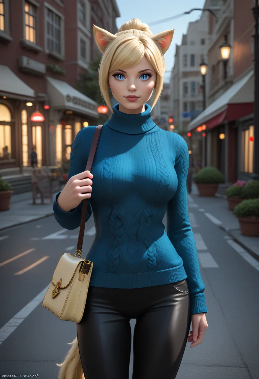 1 woman, uncensored, masterpiece, hyper detailed, best quality, dramatic lighting, crisp image, clear image, ultra-high details, ultra realistic, high detail, detailed face, photography, cinematic, cinematic lighting:2, blue sweater, outdoor, in the city, fully body viewnighttime, busy streets, streetlights, crowded streets, steam from manhole, stores, <lora:Lievre_Snow:.8>, blonde hair, pony tail, blue eyes, cat ears, cat tail, slit pupil, holding purse, black pants,