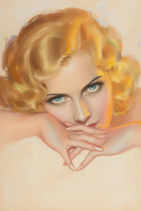 rolfarmstrong1 illustration.
A closeup portrait of a woman with blonde, curly hair and striking blue eyes with prominent eyelashes. She has a subtle blush and a soft, warm-toned background of pastel peach, orange, and light blue. She is lying with her head tilted slighly with her cheek resting on the back of her clasped hands. <lora:rolfarmstrong1_cap_d8a4:1.0><lora:862529742266441948:0>