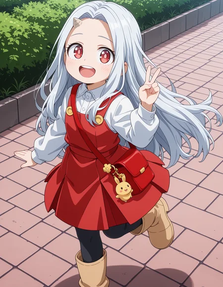 ultra-detailed, ultra-detailed eyes, ultra-detailed fingers, ultra-detailed hands, anime screencap, anime coloring, round face, cute face, cute, adorable, moe, outdoors,
1girl, Eri, child, white hair, long hair, red eyes, light pupils, single horn, red dress, white shirt, long sleeves, black leggings, beige boots, red purse,
v, legs apart, open mouth, leg up,
<lora:spo_sdxl_10ep_4k-data_lora_webui_482964:1>, <lora:add-detail-xl:1>, <lora:Eri_-_My_Hero_Academia__Boku_no_Hero_Academia_-_Illustrious:1>,
masterpiece, best quality, amazing quality, very aesthetic, absurdres,