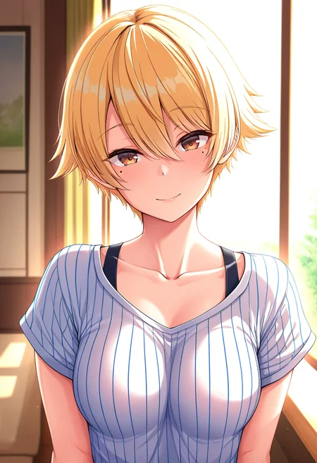 masterpiece, best quality, amazing quality, 1girl, solo, (portrait:1.2), nanamiww, brown eyes, blonde hair, short hair, hair between eyes, medium breasts, mole under eye, collarbone, striped shirt, short sleeves, looking at viewer, smile, indoors, day, skindentation, detailed clothing folds, depth of field, sharp, high contrast, dynamic light <lora:Nanami_Niwasaki_Poolside_ill_v21:0.9>