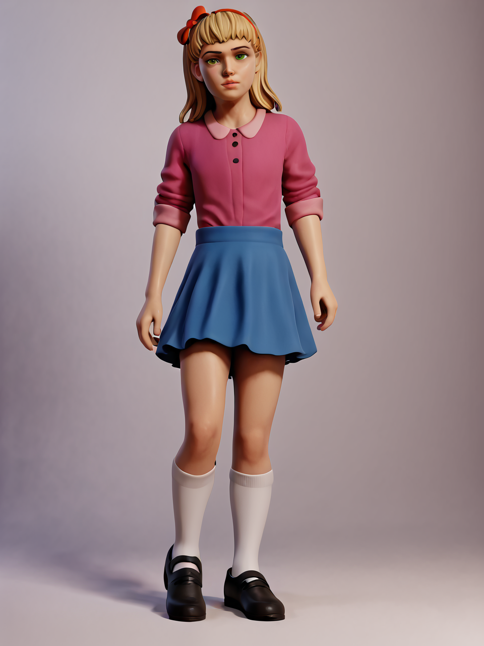 score_9, score_8_up, score_7_up,  score_6_up, BREAK, EliAfton, 1girl, solo, blonde hair, green eyes, hairband, hair bow, pink shirt, blue skirt, white socks, black shoes, looking at viewer  <lora:Elizabeth_Afton:1>