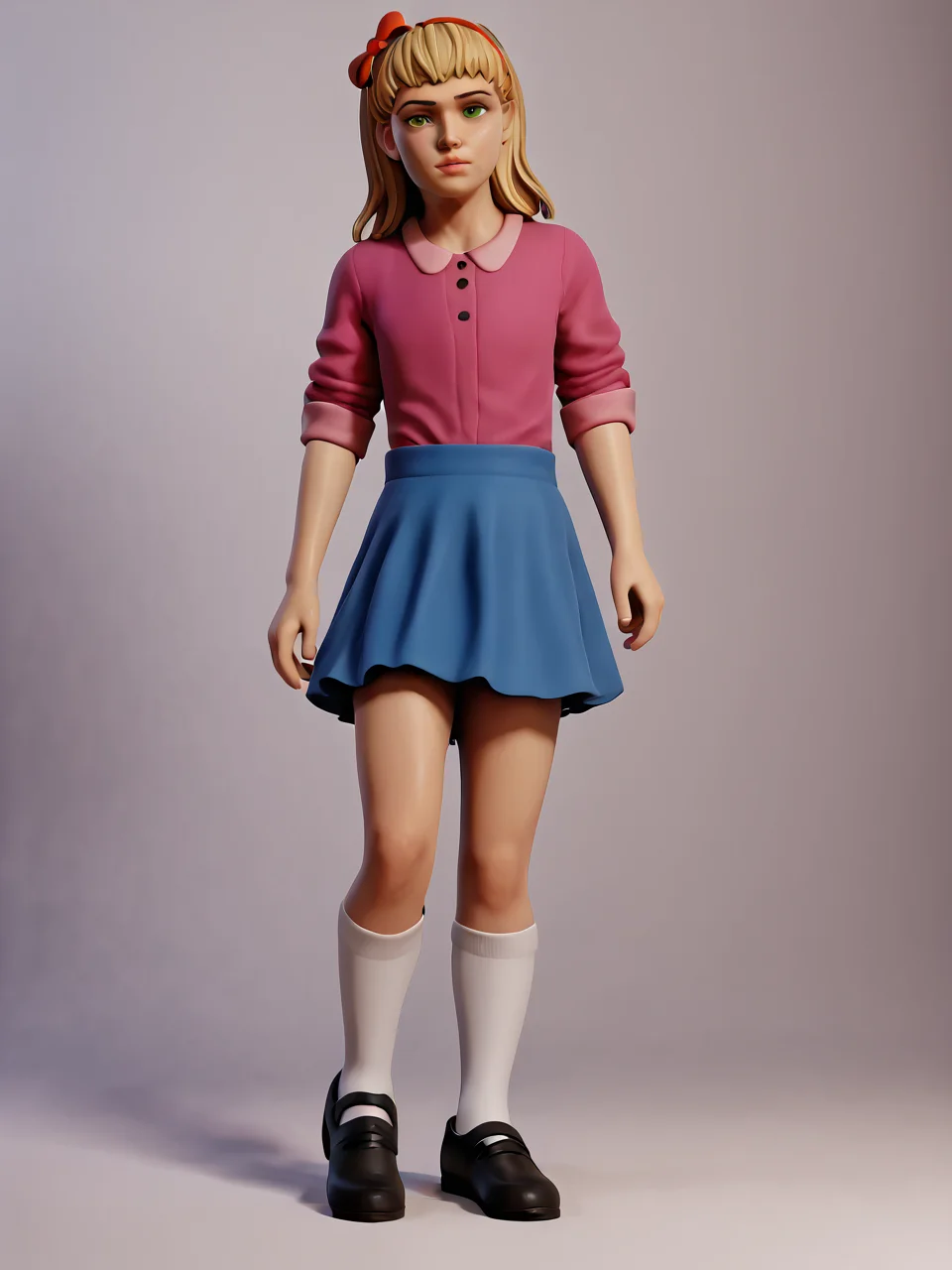 score_9, score_8_up, score_7_up, score_6_up, BREAK, EliAfton, 1girl, solo, blonde hair, green eyes, hairband, hair bow, pink shirt, blue skirt, white socks, black shoes, looking at viewer <lora:Elizabeth_Afton:1>