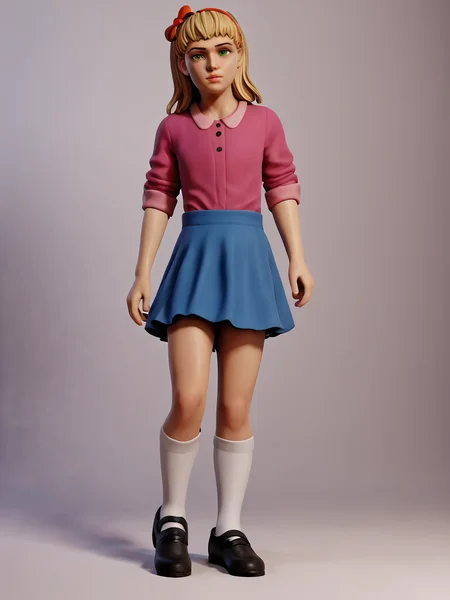 score_9, score_8_up, score_7_up, score_6_up, BREAK, EliAfton, 1girl, solo, blonde hair, green eyes, hairband, hair bow, pink shirt, blue skirt, white socks, black shoes, looking at viewer <lora:Elizabeth_Afton:1>