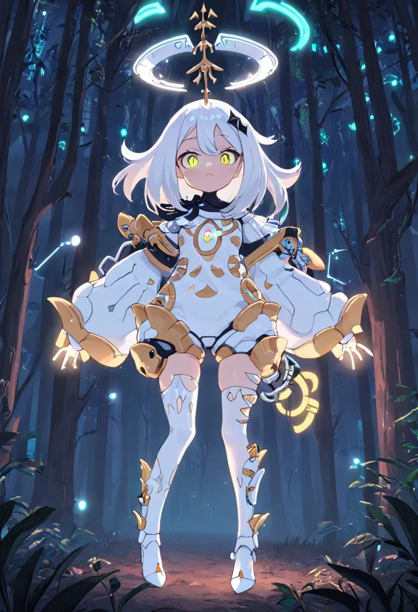 <lora:xl_paimeng girl2-000008:1>,paimeng girl,white hair,Special clothing,
Paimon clothing with futuristic details, cyberpunk, neon lights on the armor, at night, in the forest, Paimon clothing gothic armor,
mechanical parts, (glowing eyes:1.1),(cyber armor:1.2),science fiction,