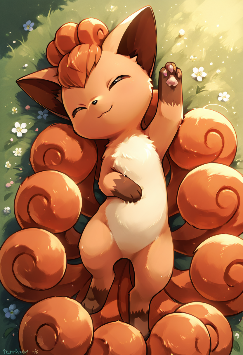 masterpiece, best quality,    <lora:VulpixPokedex_IXL:1.0>,  zzVulpix, smile, closed mouth, full body, closed eyes, lying, artist name, on back, ^ ^, from above, happy, sleeping, pawpads
