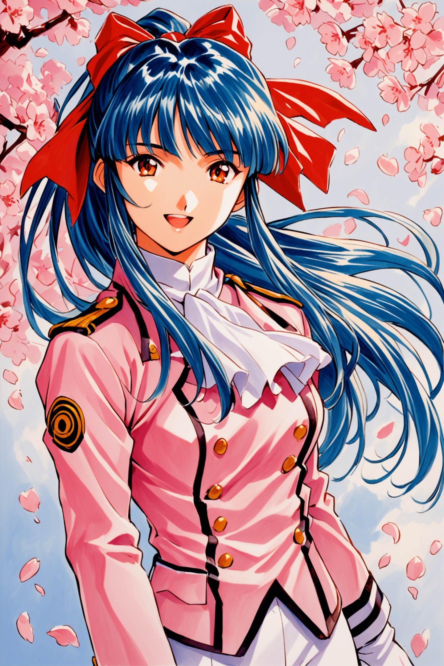 Shinguji Sakura,1girl,solo,cowboy shot,smile,open mouth,looking at viewer,upper body,blue hair,high ponytail,hair ribbon,red ribbon,red bow,ponytail,white pants,uniform,military uniform,pink jacket,white gloves,white ascot,cherry blossoms,traditional media,long hair,bow,hair bow,petals,jacket,ascot,military,brown eyes,orange eyes,<lora:Sakura Wars_XL:0.8>,