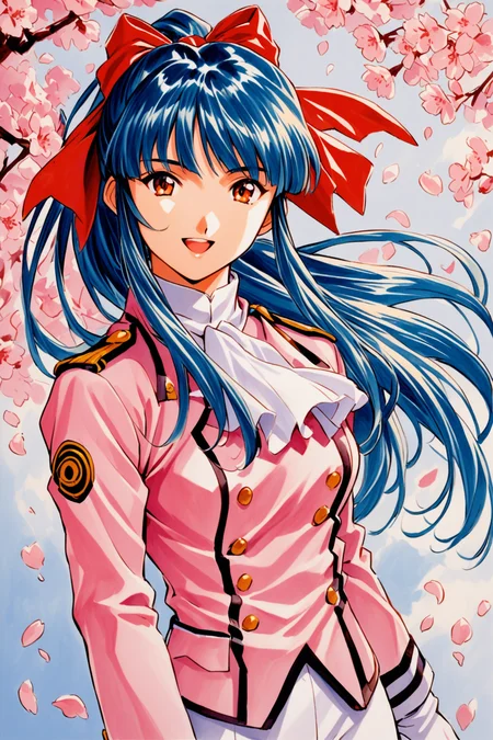 Shinguji Sakura,1girl,solo,cowboy shot,smile,open mouth,looking at viewer,upper body,blue hair,high ponytail,hair ribbon,red ribbon,red bow,ponytail,white pants,uniform,military uniform,pink jacket,white gloves,white ascot,cherry blossoms,traditional media,long hair,bow,hair bow,petals,jacket,ascot,military,brown eyes,orange eyes,<lora:Sakura Wars_XL:0.8>,