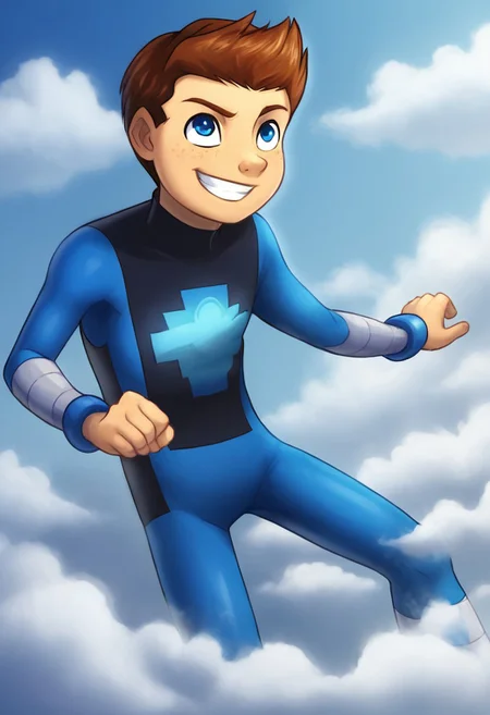 Masterpiece, 1boy, solo, cute boy, Jack Power, Blue Eyes, Brown Hair, Freckles, Mass Master, Blue and Black Bodysuit, transforming into steam, grin, cloudAI, transforming into cloud, cloud lower body, 