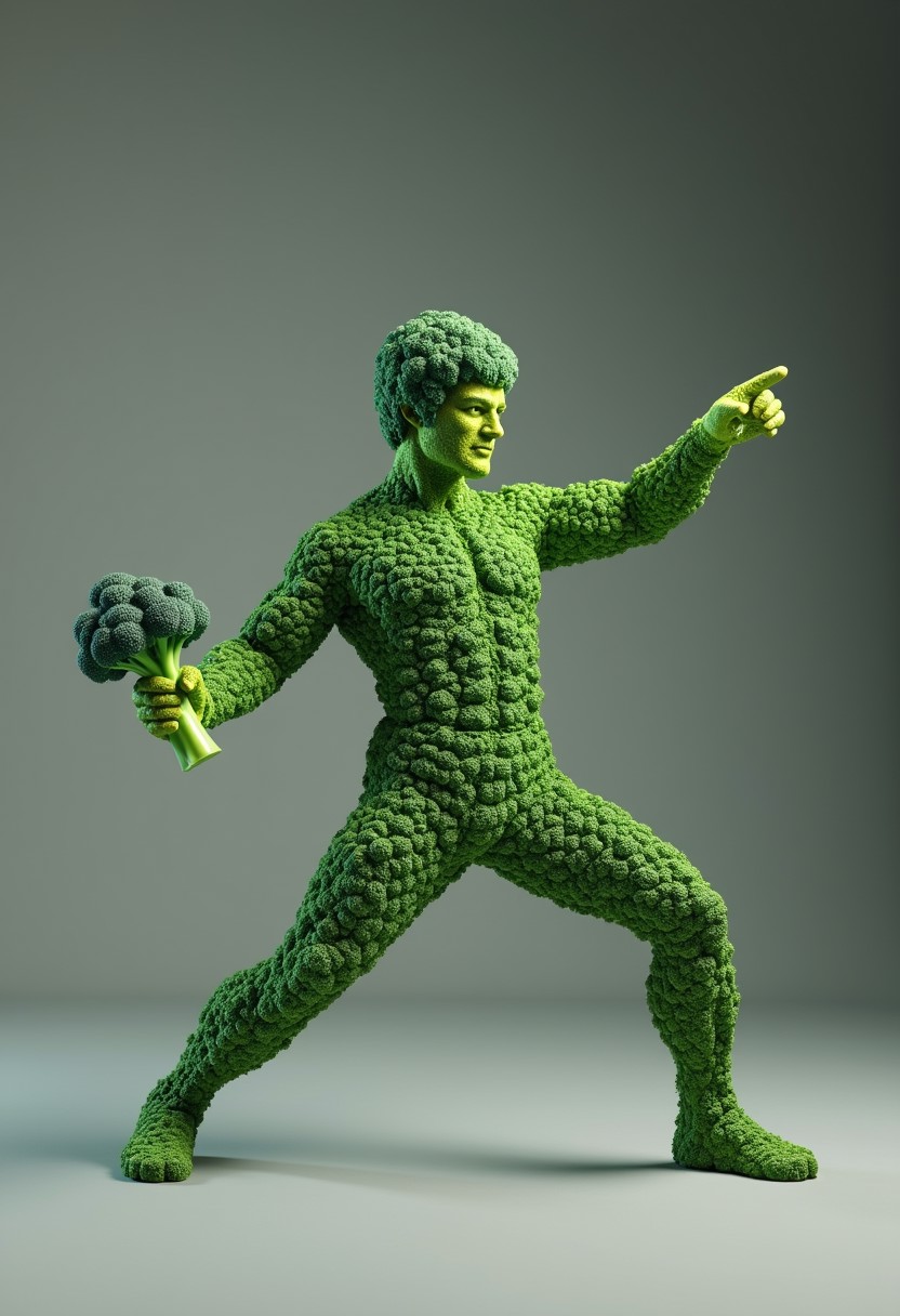 The image is a 3D rendering of a Bruce Lee made up of broccoli. He is in a fighting stance, with his arms stretched out to the sides and his legs bent at the knees. He is holding a bunch of broccoli in his right hand and his left hand is pointing towards the right side of the image. The broccoli is a bright green color and appears to be fresh and healthy. The background is a matte gradient of colorful gray, making him and the broccoli stand out.