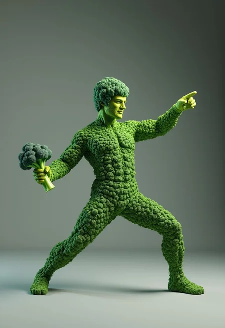 The image is a 3D rendering of a Bruce Lee made up of broccoli. He is in a fighting stance, with his arms stretched out to the sides and his legs bent at the knees. He is holding a bunch of broccoli in his right hand and his left hand is pointing towards the right side of the image. The broccoli is a bright green color and appears to be fresh and healthy. The background is a matte gradient of colorful gray, making him and the broccoli stand out.