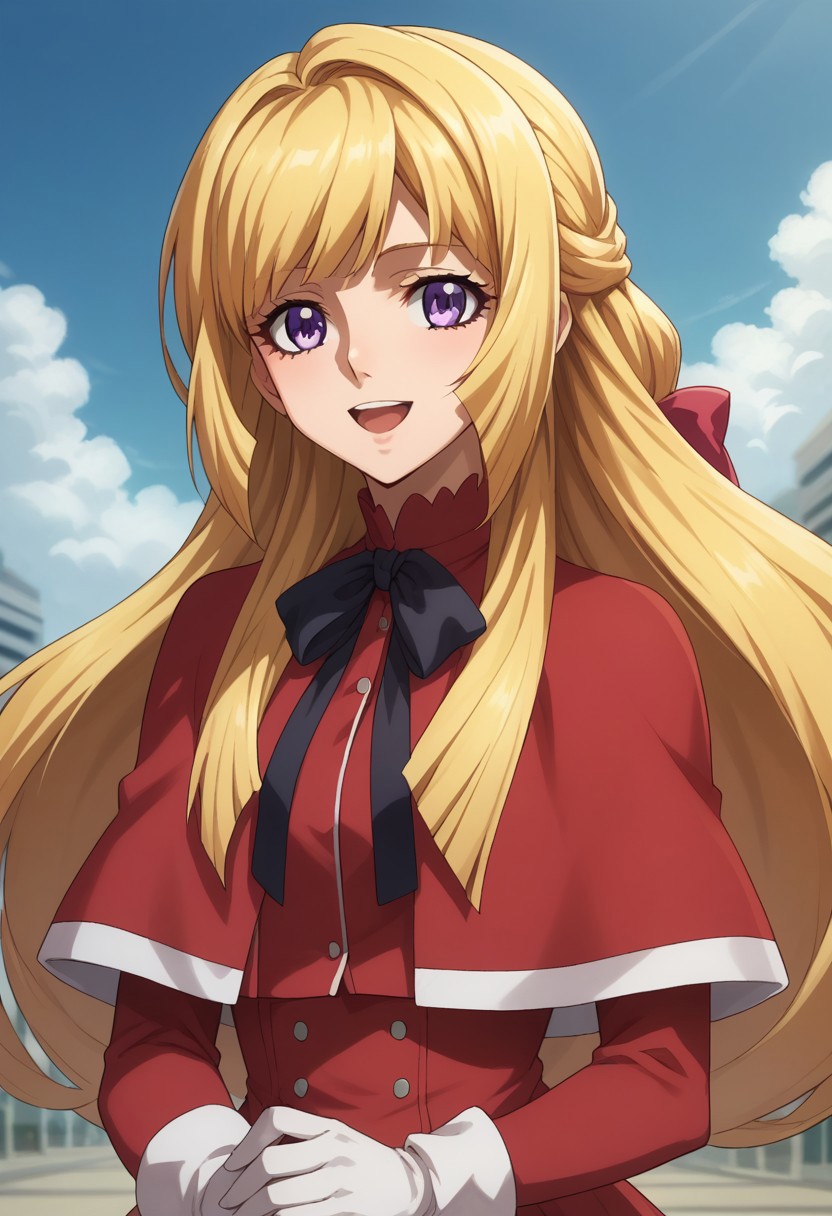 score_9, score_8_up, score_7_up, source_anime, highly detailed, 
kudelia, 1girl, solo, blonde hair, long hair, dress, gloves, purple eyes, white gloves, capelet,
smile, open mouth, red dress, bow, half updo, ribbon, upper body,
outdoor, sky, clouds, building,