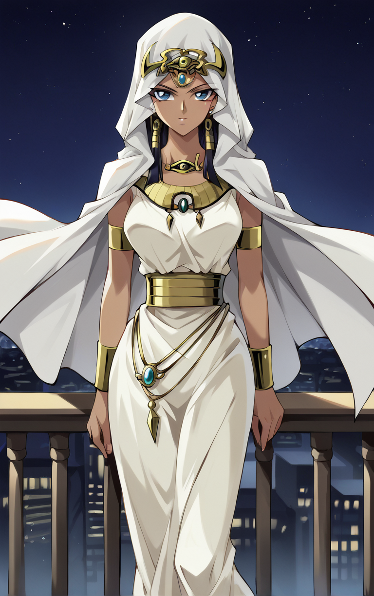 score_9, score_8_up, score_7_up, BREAK
ANIME_YuGiOh_IshizuIshtar_ownwaifu, 
1girl, black hair, blue eyes, breasts, dark-skinned female, forehead jewel, hair tubes, hood, jewelry, dark skin, necklace, long hair, armlet, hood up, bracelet, collarbone, ankh, headdress, earrings, gem, bracer, circlet, lips, anklet, makeup, medium breasts, 
long dress, white dress, egyptian clothes, eye of horus, gold, gold belt, cape, veil, dress, white cape, hooded cloak, belt,
(standing, arm_support), railing, cityscape, night, city, city lights, scenery, starry sky, vanishing point, outdoors, <lora:PONYXL_YuGiOh_IshizuIshtar_ownwaifu:0.8> , depth of field, solo,