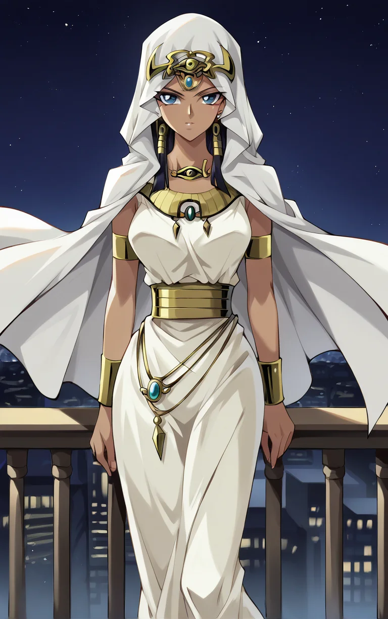 score_9, score_8_up, score_7_up, BREAK
ANIME_YuGiOh_IshizuIshtar_ownwaifu,
1girl, black hair, blue eyes, breasts, dark-skinned female, forehead jewel, hair tubes, hood, jewelry, dark skin, necklace, long hair, armlet, hood up, bracelet, collarbone, ankh, headdress, earrings, gem, bracer, circlet, lips, anklet, makeup, medium breasts,
long dress, white dress, egyptian clothes, eye of horus, gold, gold belt, cape, veil, dress, white cape, hooded cloak, belt,
(standing, arm_support), railing, cityscape, night, city, city lights, scenery, starry sky, vanishing point, outdoors, <lora:PONYXL_YuGiOh_IshizuIshtar_ownwaifu:0.8> , depth of field, solo,