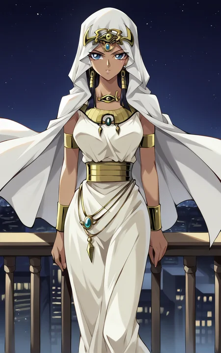 score_9, score_8_up, score_7_up, BREAK
ANIME_YuGiOh_IshizuIshtar_ownwaifu,
1girl, black hair, blue eyes, breasts, dark-skinned female, forehead jewel, hair tubes, hood, jewelry, dark skin, necklace, long hair, armlet, hood up, bracelet, collarbone, ankh, headdress, earrings, gem, bracer, circlet, lips, anklet, makeup, medium breasts,
long dress, white dress, egyptian clothes, eye of horus, gold, gold belt, cape, veil, dress, white cape, hooded cloak, belt,
(standing, arm_support), railing, cityscape, night, city, city lights, scenery, starry sky, vanishing point, outdoors, <lora:PONYXL_YuGiOh_IshizuIshtar_ownwaifu:0.8> , depth of field, solo,