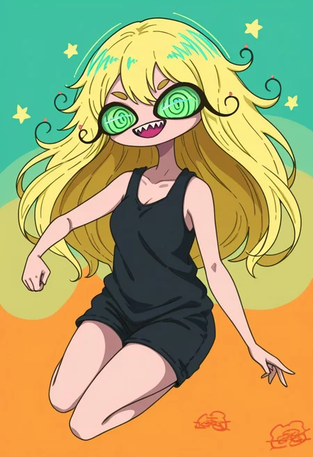 score_9, score_8_up, score_7_up,
masterpiece, best quality, detailed, amazing quality,
detailed background, abstract background,
dynamic pose, colorful, jumping,
solo, 1girl, woman, long hair, green eyes, blonde hair, messy hair, open mouth, smiling, sharp teeth,
black tank top, short shorts,
easynegative