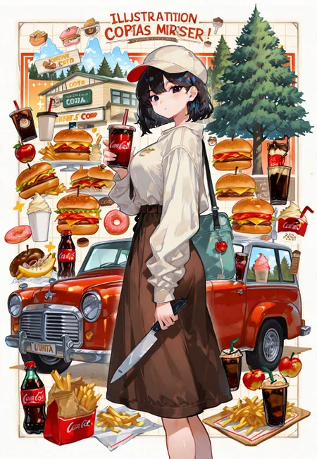 anime, solo, 1 woman,
Black hair, large breasts, one tucked behind ear, black eyes, feature large highlight, feature double highlights, shaped eyeblow, 
sensitive,
Multiple Object Background, echo,
 food, motor vehicle, ground vehicle, car, burger, french fries, fruit, cup, umbrella, hat, english text, drinking straw, coca-cola, apple, doughnut, banana, disposable cup, bottle, fork, soda, vehicle focus, knife, ice cream, coffee, tree
(masterpiece:1.3), best quality, high resolution, unity 8k wallpaper, (illustration:1.2), 8K,