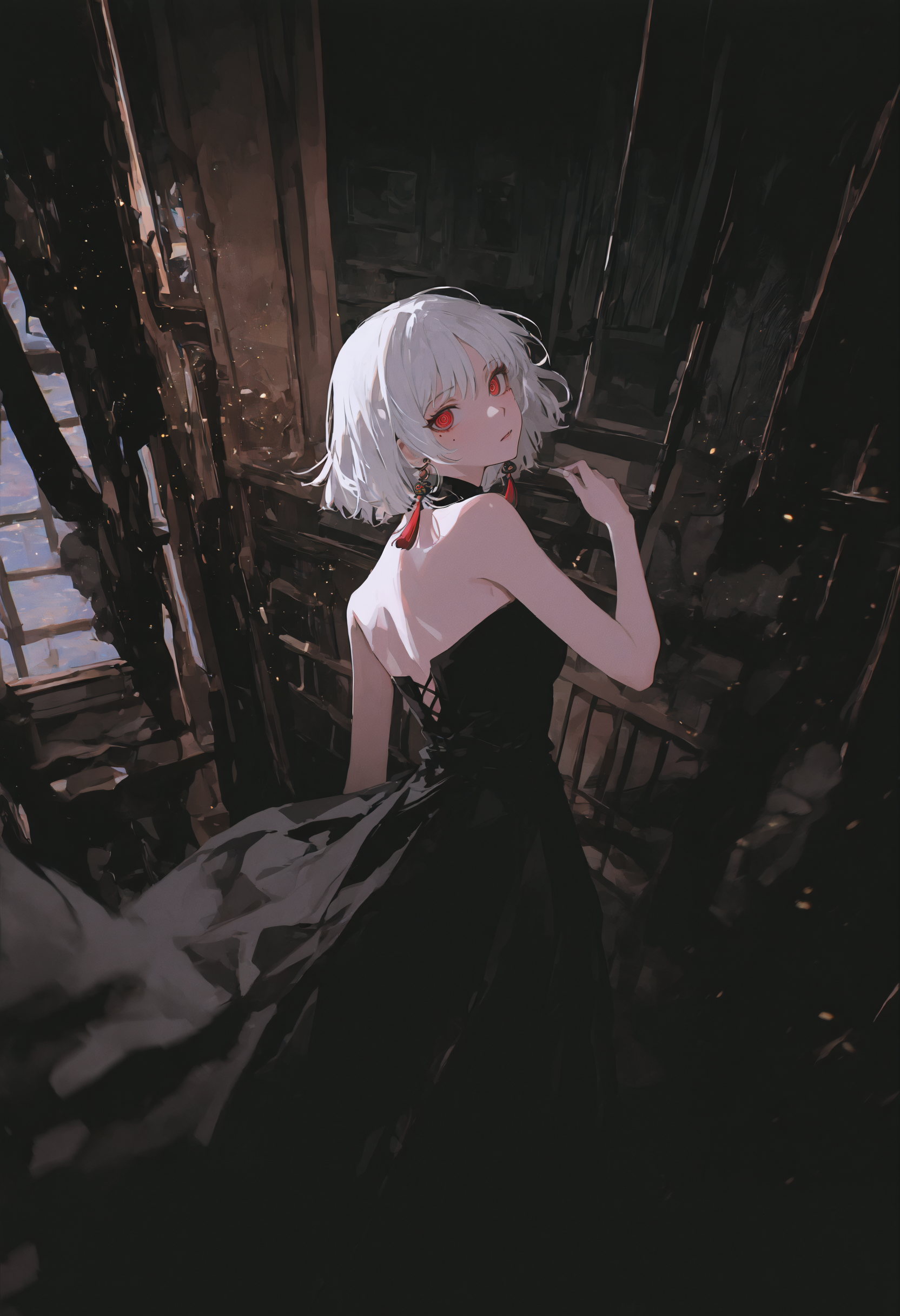 masterpiece, best quality, newest, absurdres, highres, very awa, anime screencap, no lineart, abstract, indoors, anime screencap, 1girl, earrings, jewelry, solo, red eyes, dress, looking at viewer, white hair, tassel earrings, bare shoulders, tassel, breasts, black dress, mole under eye, upper body, head tilt, medium hair, ringed eyes, short hair, ambient occlusion, intricate background, low lighting, rim light, ethereal glow, ethereal particles, dappled light, highly detailed, high shot, dark background, simple background, cowboy shot, blurry, motion blur,