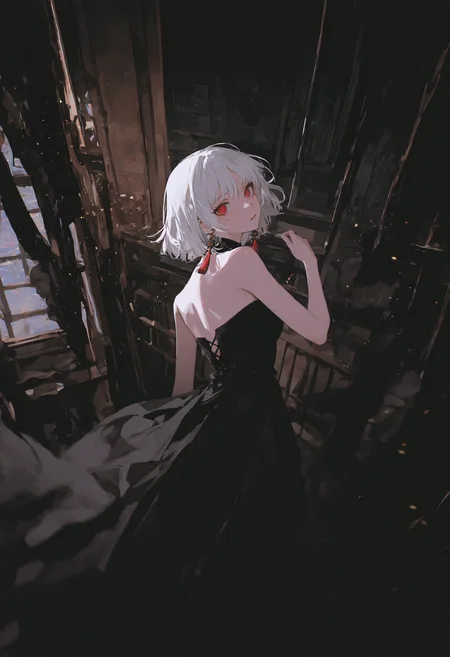 masterpiece, best quality, newest, absurdres, highres, very awa, anime screencap, no lineart, abstract, indoors, anime screencap, 1girl, earrings, jewelry, solo, red eyes, dress, looking at viewer, white hair, tassel earrings, bare shoulders, tassel, breasts, black dress, mole under eye, upper body, head tilt, medium hair, ringed eyes, short hair, ambient occlusion, intricate background, low lighting, rim light, ethereal glow, ethereal particles, dappled light, highly detailed, high shot, dark background, simple background, cowboy shot, blurry, motion blur,