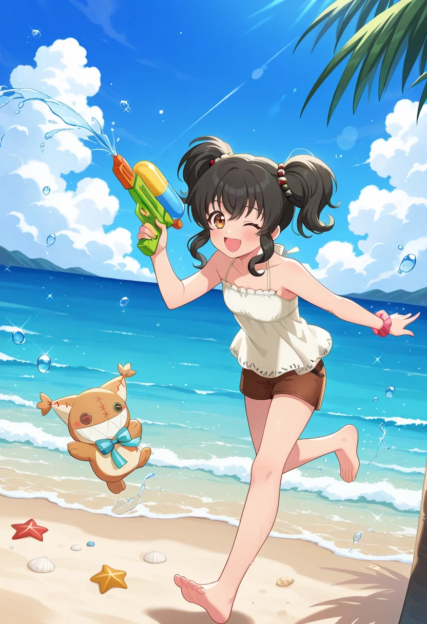 open smile, standing on one foot, wink, blush,
full body, dynamic angle,
BREAK,
<lora:aniseover_illustriousXL_v01:0.9>
anisernd, aniseswm, two side up, black hair,
white shirt, sleeveless, bare shoulders, brown shorts, collarbone,
short shorts, bare legs, holding water gun,, source_anime, very aesthetic, anime coloring, masterpiece,
best quality, amazing quality, ultra detailed, very aesthetic,
detailed background,
BREAK,, beach, sea, palms, clouds, day,