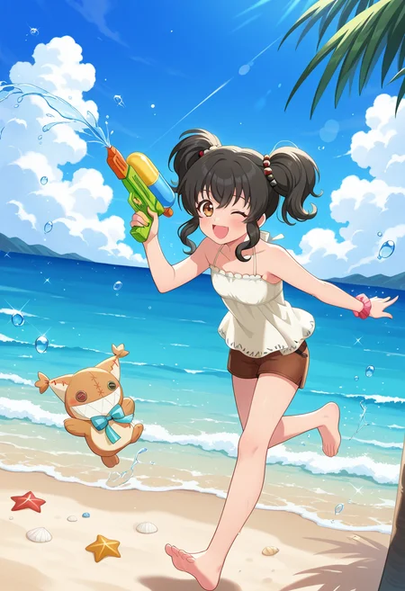 open smile, standing on one foot, wink, blush,
full body, dynamic angle,
BREAK,
<lora:aniseover_illustriousXL_v01:0.9>
anisernd, aniseswm, two side up, black hair,
white shirt, sleeveless, bare shoulders, brown shorts, collarbone,
short shorts, bare legs, holding water gun,, source_anime, very aesthetic, anime coloring, masterpiece,
best quality, amazing quality, ultra detailed, very aesthetic,
detailed background,
BREAK,, beach, sea, palms, clouds, day,