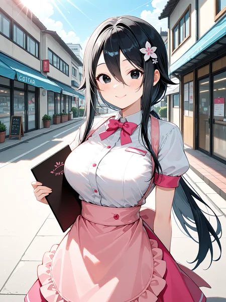 <lora:Ryoba4XL:1> Ryoba_YS, 1girl, large breasts, low ponytail, long hair, outdoors, town, smile, sunlight, day, solo, black eyes, hair flower, holding menu, giving, looking at viewer, , white shirt, pink apron, pink skirt, waitress, puffy short sleeves,
<lora:spo_sdxl_10ep_4k-data_lora_webui:0.5>, masterpiece, best quality, amazing quality, very aesthetic, absurdres, newest, waist apron,