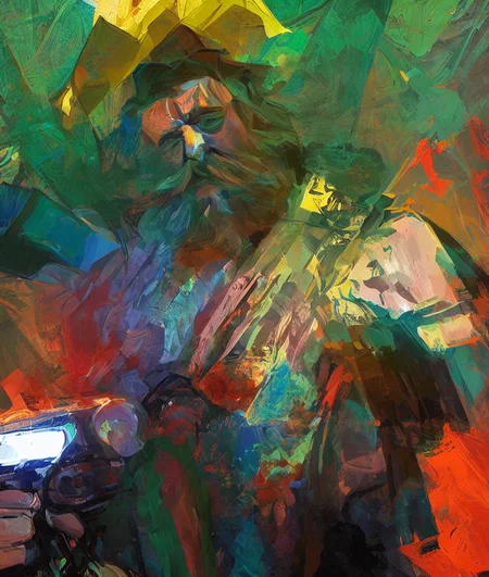 drunk man with beard , expressionism, light rays, expressionism, digital art, colorful background, moscow, Disco Elysium-,<hypernet:discoElysiumStyle_discoElysium:1>