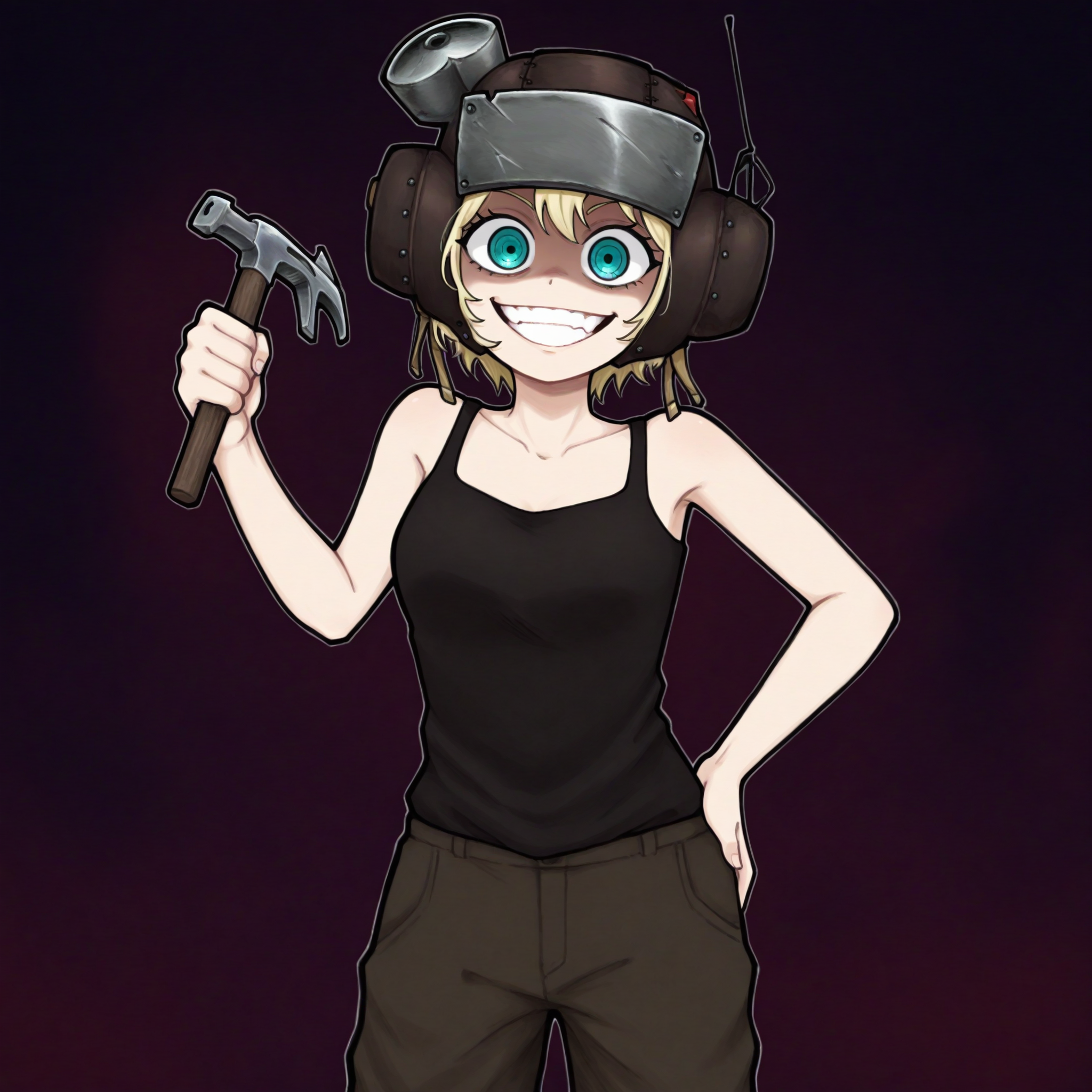 c'venash vishneri, 1girl, solo, blond, short hair, aqua eyes, black tank top, pants, holding hammer, psychopomp_helmet,shaded face, smile, 