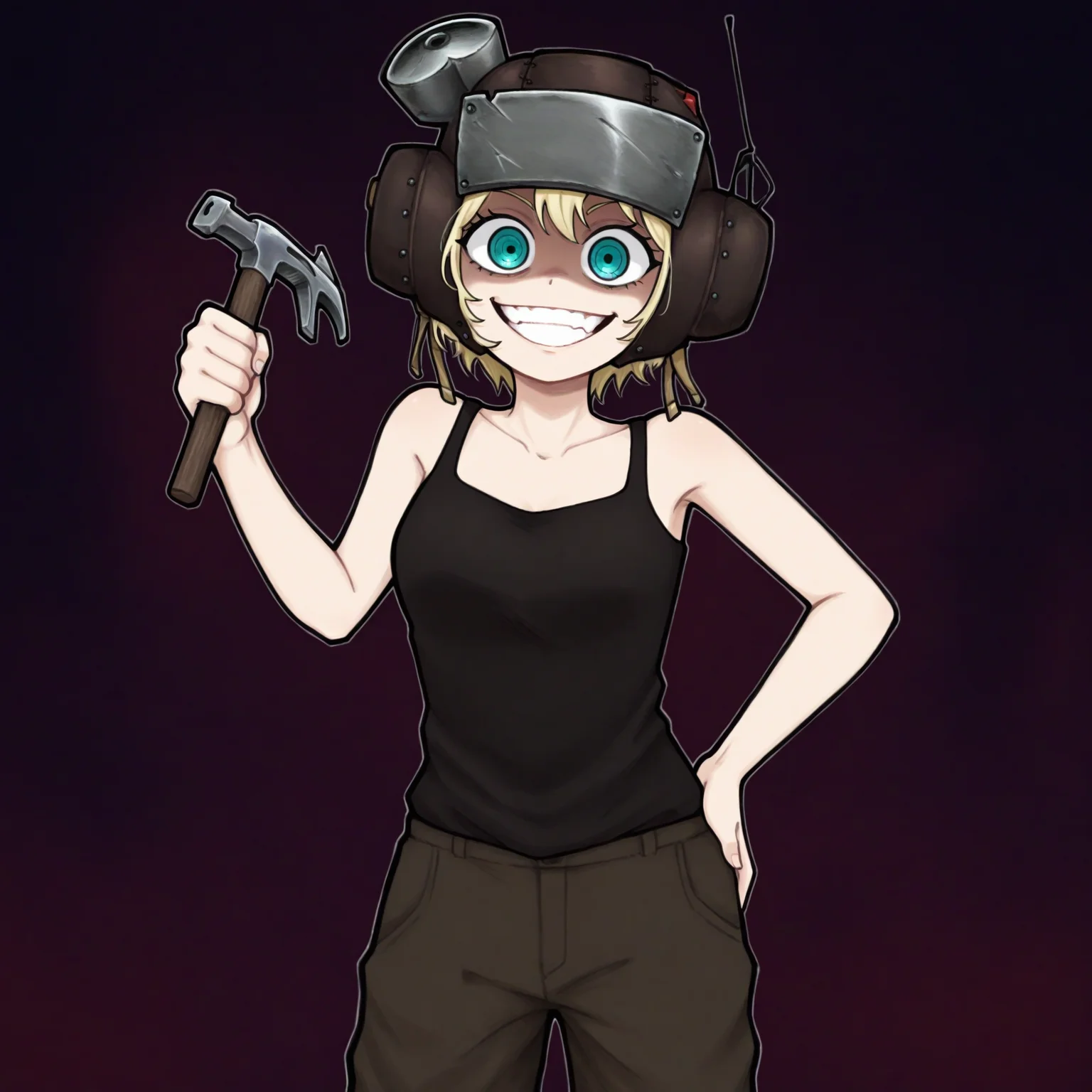 c'venash vishneri, 1girl, solo, blond, short hair, aqua eyes, black tank top, pants, holding hammer, psychopomp_helmet,shaded face, smile,