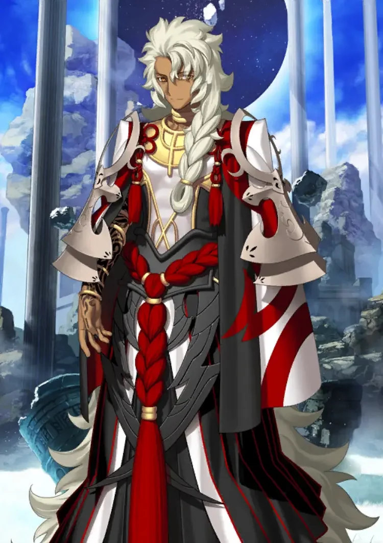 solomon_(fgo), handsome, dark-skinned man, long hair, white hair, messy hair, ahoge, braid, yellow eyes, jewelry, long robes, tattoo, black fingernails
