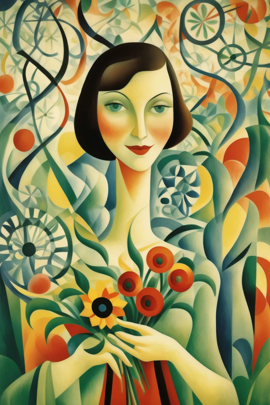 <lora:Natalia Goncharova Style:1>Natalia Goncharova Style - a woman softly smiling and holding a bouquet of flowers in front of an intricate pattern of neurons and synnapses in the style of August Macke