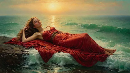 The glorious painting of a divinely beautiful young woman. Floating in a dream, reclining, surrounded by a roiling ocean. A Roman goddess. Draped in pale red cloth. One hand draped across her chest. Wavy hair, trailing in the water. 

Atmospheric, rustic.

<lora:Tonalism01b_CE_XL_300-OT:0.8> tnlsmCE_style`