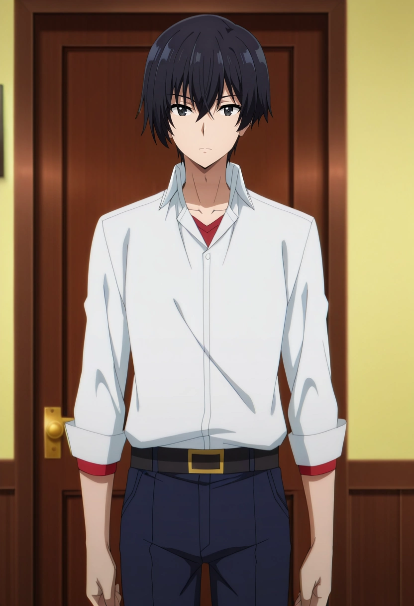 masterpiece, best quality, anime screencap, official style, anime coloring, cowboy shot, 1boy, solo, male focus, <lora:cid_kagenou_ilxl:0.9>, cid_kagenou, black hair, short hair, hair between eyes, bangs, black eyes,