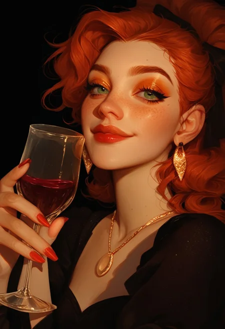 Score_9, score_8_up, score_7_up, score_6_up, score_5_up, score_4_up, a drawing of a happy redhead woman in the style of old school disney, holding wine glass, dark purple and black color palette, illustrations, smilingcore, detailed costumes, black background, seductive, freckles, makeup, nail polish, necklace, earrings,