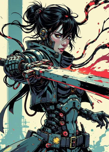 digital illustration, inksketch, anime art, in the style of cknc, Wabi-sabi (woman:0.3) assassin with (cyborg face parts),cyborg cybernetic enhancements, looking at the viewer, wielding an (enormous sci-fi sword) with mechanical parts at the viewer, (action pose, action shot ), action camera effects, intricate detailed, epic quality, profile picture, mechanical, background is a cyborg lab she is trying to escape from. manga
<lora:ck-nc-pastel-cyberpunk:0.75> <lora:ck-Ivan-Beslic-Art-Style-000019:0.2> <lora:ck-MetalGearSolid-000019:0.55> <lora:m100-style_v.02:0.3>