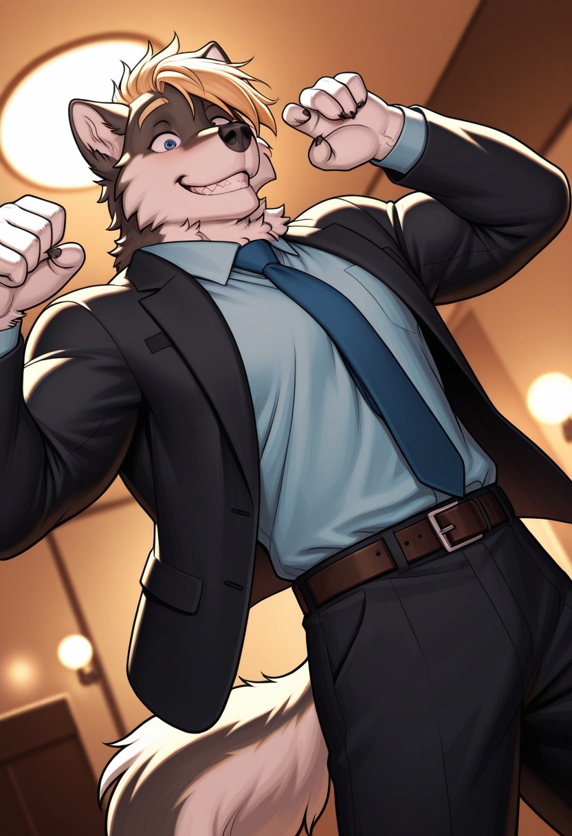 taylor_(meesh), wolf boy, furry, blond hair, solo, grin, blue eyes, muscular, dynamic angle, black suit, blue shirt, blue necktie, open jacket, pants, belt, pose, posing, BREAK masterpiece, best quality, amazing quality, very aesthetic, high resolution, 4K, extremely-detailed, depth of field, separate focus, newest, detailed background, detailed fur, detailed muscles, cinematic lighting