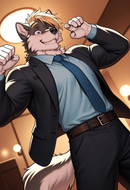 taylor_(meesh), wolf boy, furry, blond hair, solo, grin, blue eyes, muscular, dynamic angle, black suit, blue shirt, blue necktie, open jacket, pants, belt, pose, posing, BREAK masterpiece, best quality, amazing quality, very aesthetic, high resolution, 4K, extremely-detailed, depth of field, separate focus, newest, detailed background, detailed fur, detailed muscles, cinematic lighting