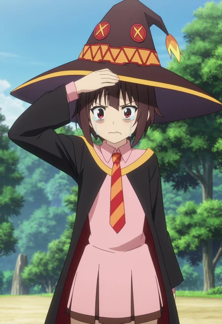 score_9, score_8_up, score_7_up, source_anime,
BREAK
1girl, solo, anime screencap, anime coloring,
<lora:shiMeguminV1:1.0>,
shimeguschool, academyuniform, short hair, brown hair, long sleeves, red eyes, pink dress, pleated skirt, black cape, witch hat,
diagonal-striped necktie,
looking at viewer, tears, crying with eyes open, frown, wavy mouth,
covering head, hand on own head,