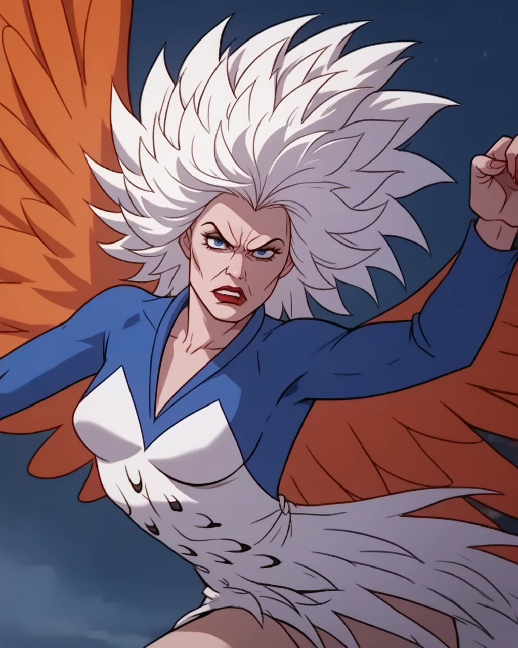 score_9, score_8_up, score_7_up, masterpiece,best quality,amazing quality, absurdres, source_cartoon, 1girl, solo, <lora:motu_sorc:1> motu_sorc, sorc_hrpy, blue eyes, white hair, angry, blue white leotard, orange feather wings, cheekbones, messy hair, evil