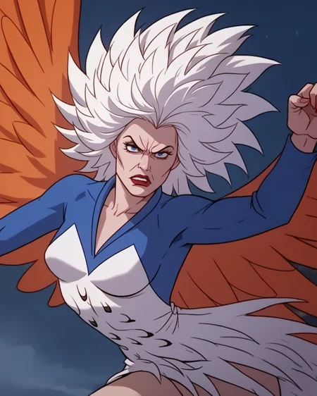 score_9, score_8_up, score_7_up, masterpiece,best quality,amazing quality, absurdres, source_cartoon, 1girl, solo, <lora:motu_sorc:1> motu_sorc, sorc_hrpy, blue eyes, white hair, angry, blue white leotard, orange feather wings, cheekbones, messy hair, evil
