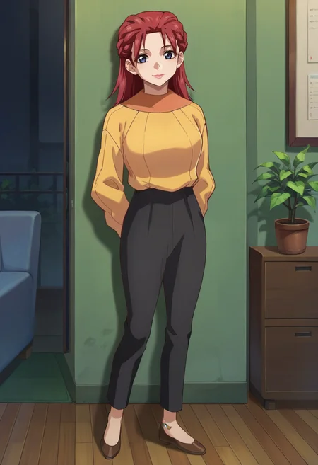 score_9,score_8_up,score_7_up,score_6_up,score_5_up,score_4_up,anime coloring,source_anime,<lora:Meyrin_Hawke_SEED_Destiny_Pony:0.8>,meyrin,1girl,solo,blue eyes,red hair,hair slicked back,side braid,lipstick,yellow sweater,black pants,smile,standing,arms_behind_back,indoors,full body,