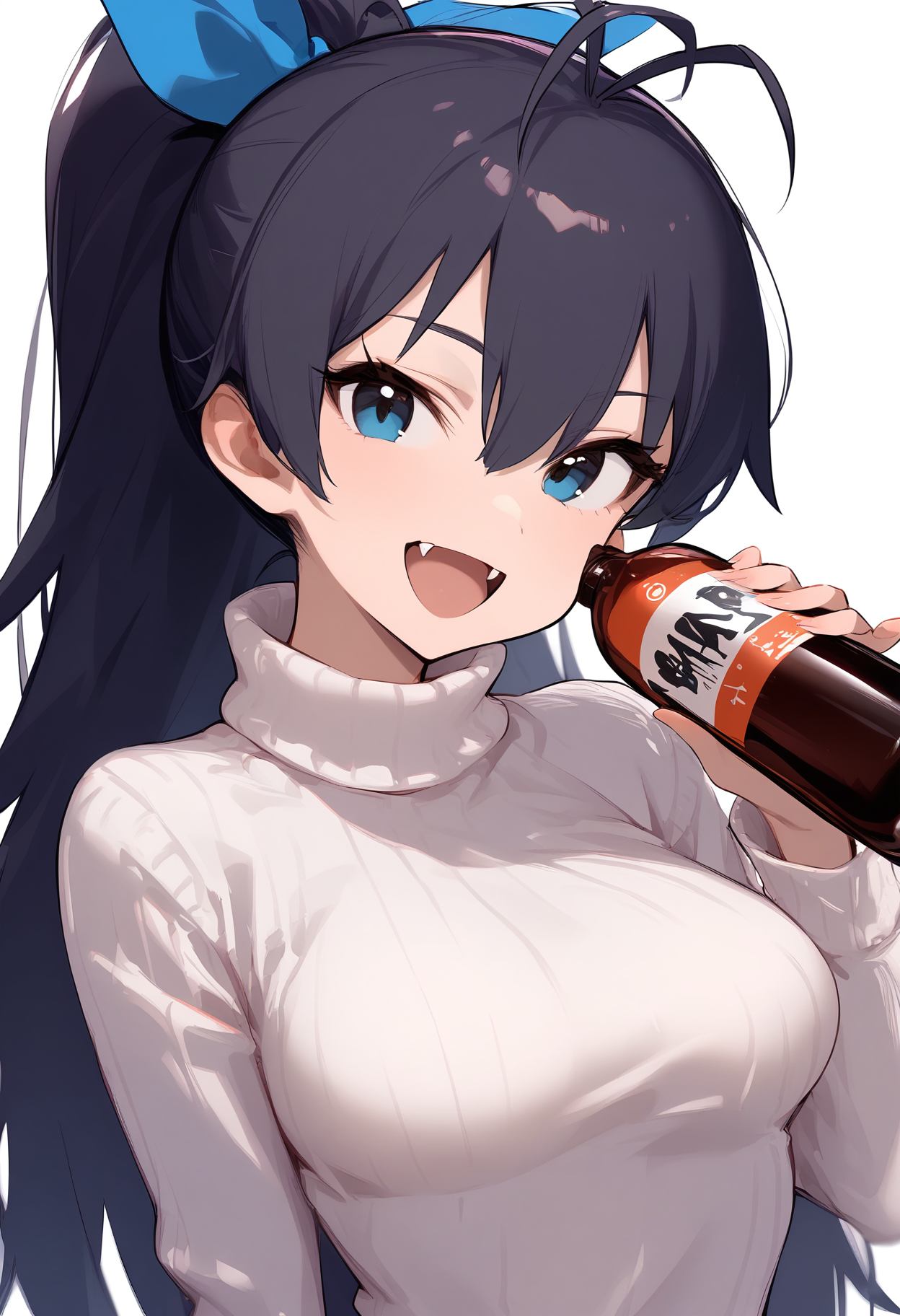 1girl, 
ganaha hibiki,  
spider girl, ribbon, extra arms, open mouth, medium breasts, sweater, ribbed sweater, black hair, turtleneck sweater, cosplay, holding, holding bottle, ponytail, smile, turtleneck, fangs, :d, white sweater, solo, long hair, bottle, hair between eyes, white background, antenna hair, black eyes, long sleeves, ram \(re:zero\) \(cosplay\), looking at viewer, simple background, breasts, hair ribbon, monster girl, upper body, 
masterpiece, best quality, absurdres, sfw
 <lora:a31_char_new_ganaha_hibiki-000024:1> <lora:a31_style_koni-000010:0.8>