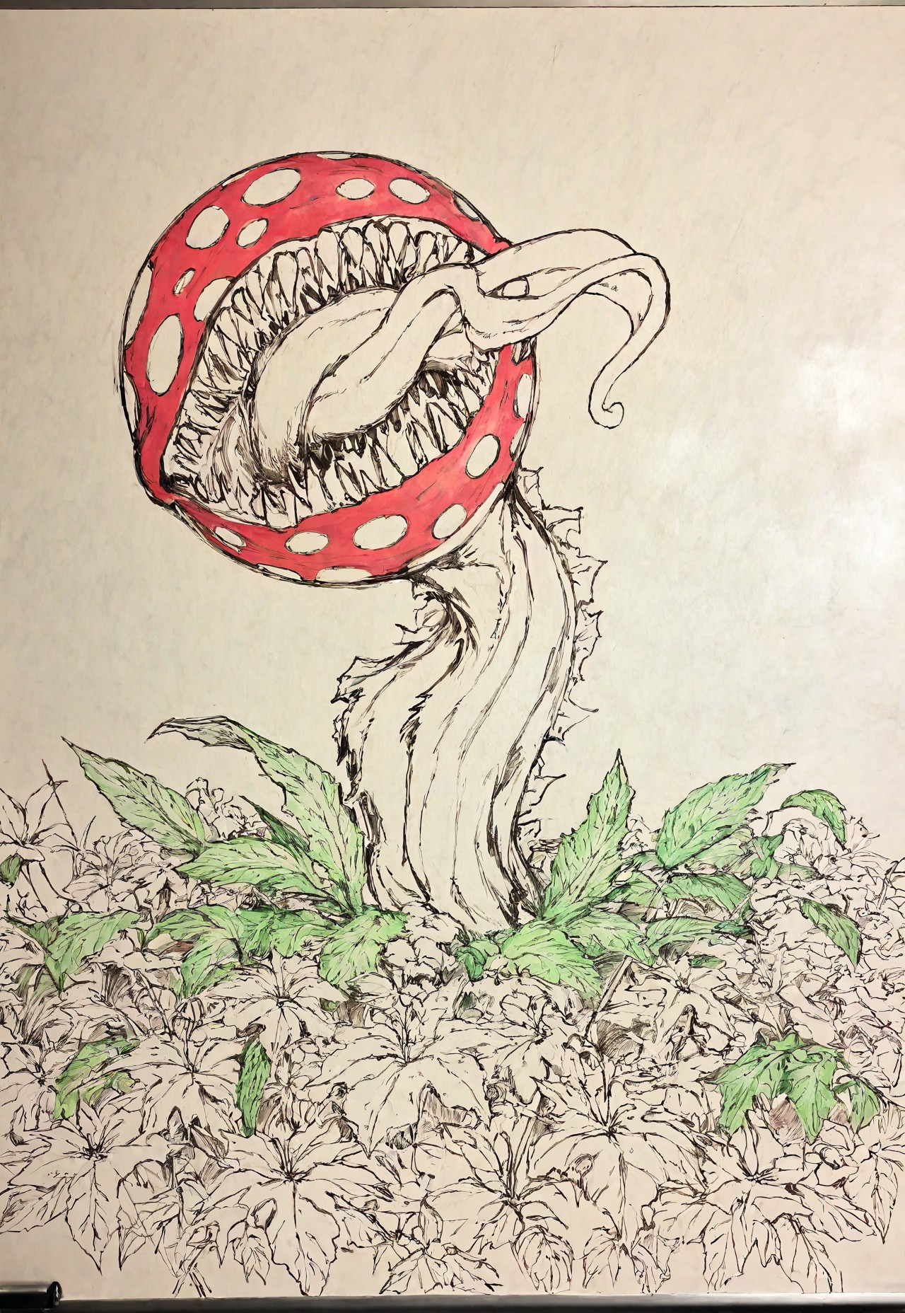 masterpiece, best quality, amazing quality, very aesthetic, absurdres, newest, detailed background, white3oard, whiteboard background, (sketch:1.2), red piranha plant, long tongue, monster, solo, green stem, green leaves, sharp teeth, flowerbed, traditional media, lineart, spot color