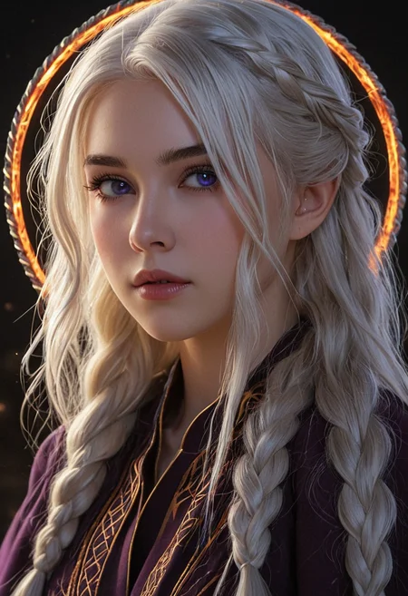 anime artwork <lora:R0k00bstr0ctHD:1>,r0k00bstr0cthd,r0k00bl0ckb0ckgr00ndhd,(shiny, fire, multicolored, black background, glowing, magic circle, aura),, (Hair, Long, silver-blonde hair (often described as pale as moonlight), a hallmark of her Targaryen lineage. In the books, her hair is worn in intricate braids, symbolizing victories and tradition:1), (Eyes, Large, violet eyes, often noted for their intensity and otherworldly quality, typical of the Valyrian race:1), (Skin, Pale, creamy complexion with a smooth, almost luminous quality that enhances her striking beauty:1), (Build, Slim and petite, yet strong and resilient, reflecting her gradual transformation from a timid girl into a determined leader:1), short in stature, . anime style, key visual, vibrant, studio anime, highly detailed